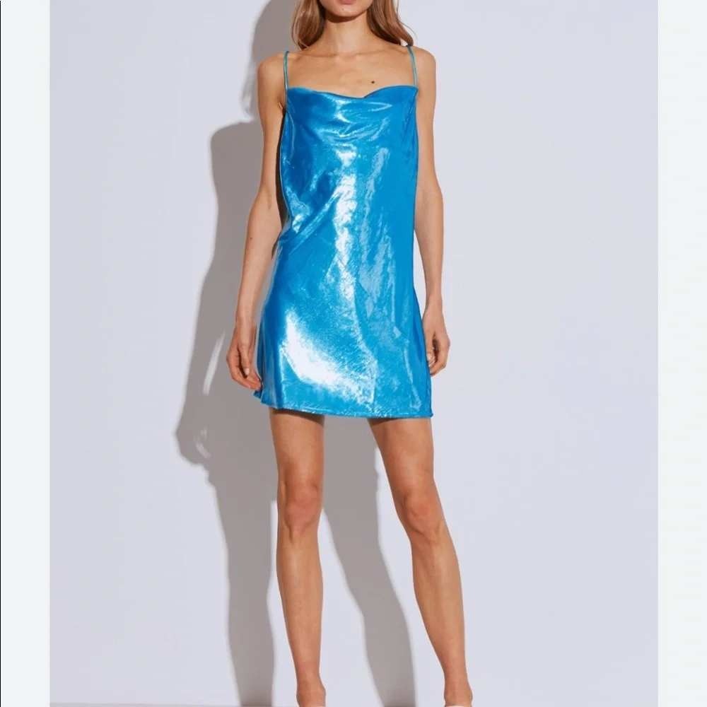 C/MEO COLLECTIVE Same Way Metallic Cowl Neck Slip Mini Dress Blue Party Size XS